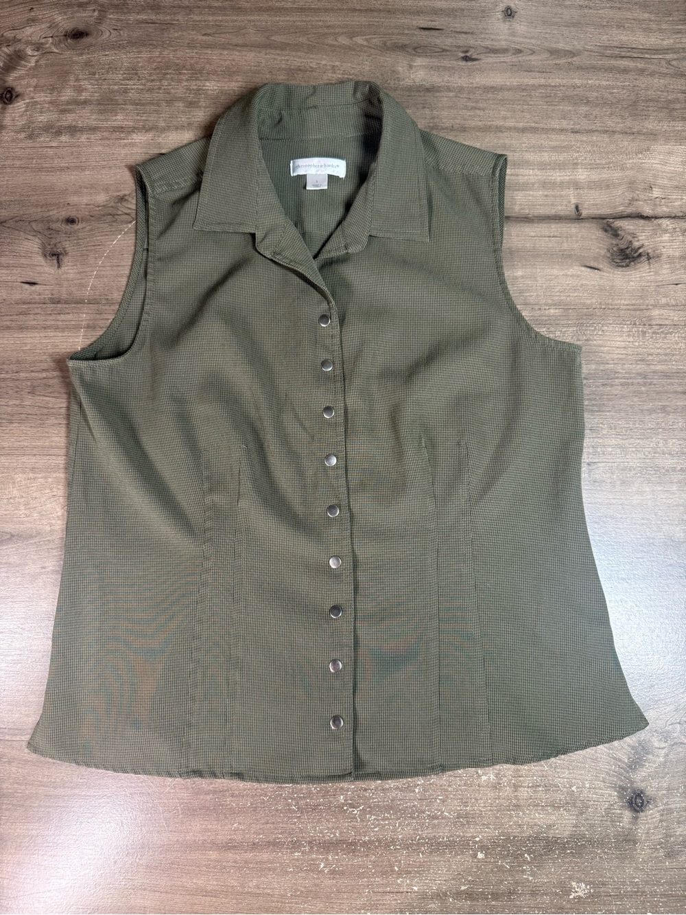 Christopher & Banks Womens L Olive Green Micro Check Snap Front Sleeveless Shirt
